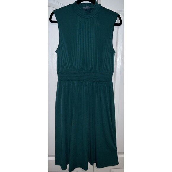 ModCloth Green Midi Dress Large Fit Flare Stretch Cinch Waist Pleated Sleevless - Picture 1 of 11